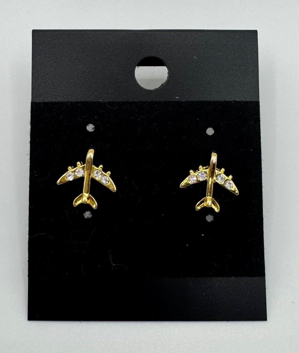 Mini Airplane Clear Stones Gold Stud Earrings
