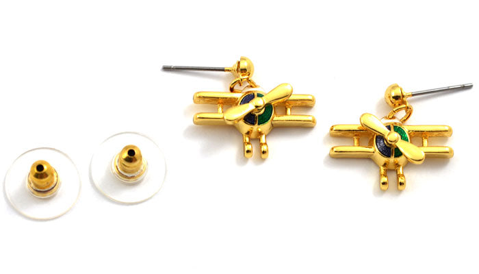 Bi Plane Spinning Prop Gold Dangle Earrings
