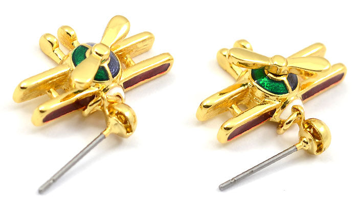 Bi Plane Spinning Prop Gold Dangle Earrings