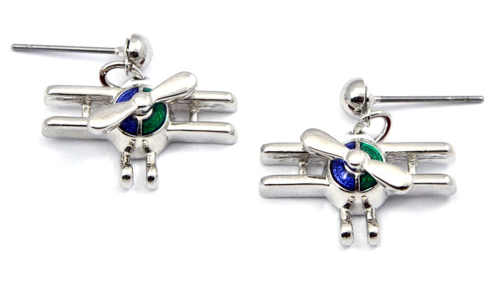 Bi Plane Spinning Prop Silver Dangle Earrings