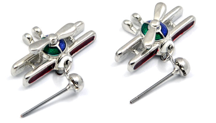 Bi Plane Spinning Prop Silver Dangle Earrings