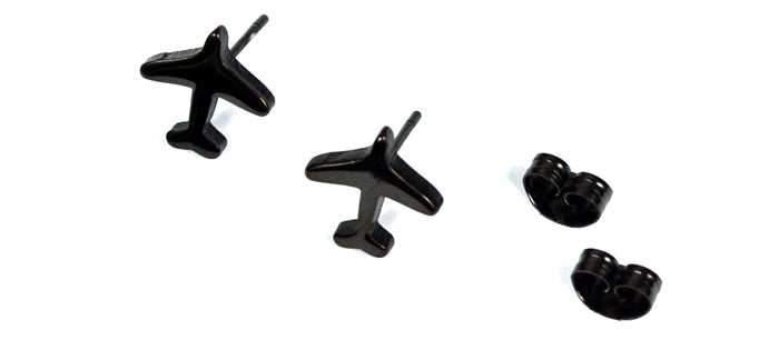 Mini Airplane Black Stud Earrings