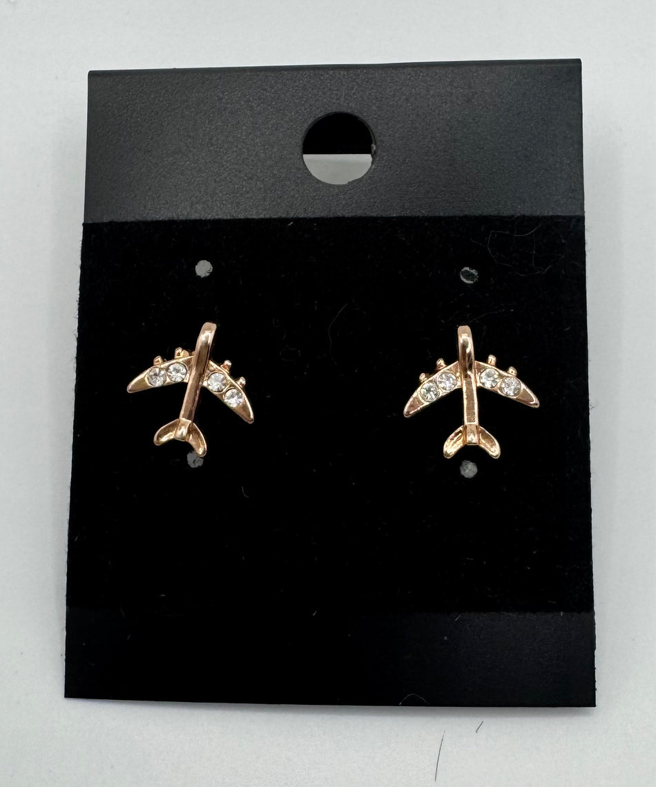 Mini Airplane Clear Stones Rose Gold Stud Earrings