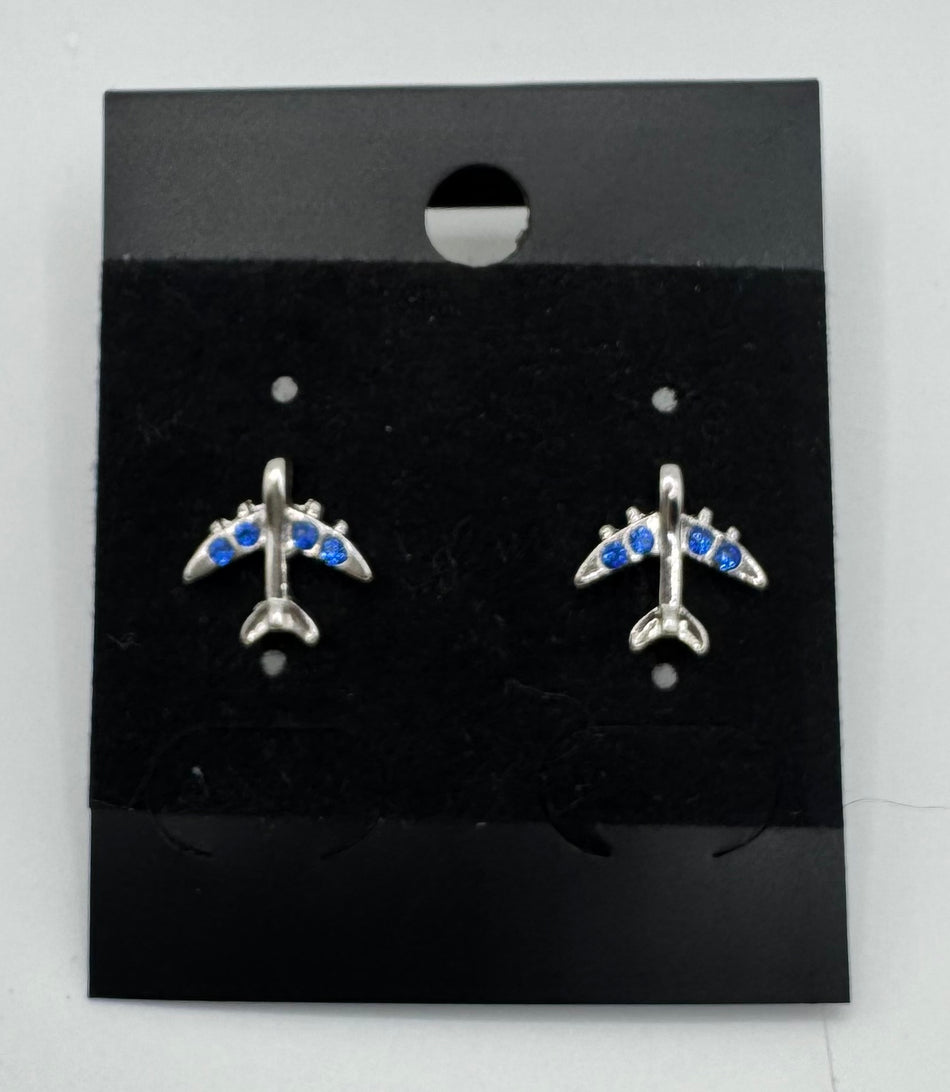 Mini Airplane Blue Stones Silver Stud Earrings