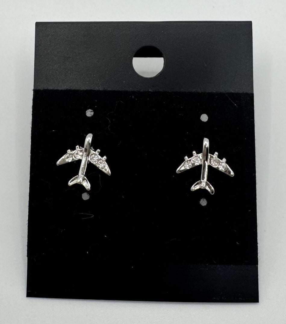 Mini Airplane Clear Stones Silver Stud Earrings